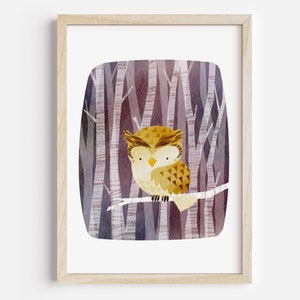 Búho en Woods Art Print, decoración de la pared del dormitorio de los niños, sin marco A4 A3