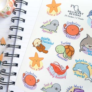 26 Cute Sea Creature Pun Reward Stickers, Hand-Drawn Ocean Classroom Incentives for Teachers