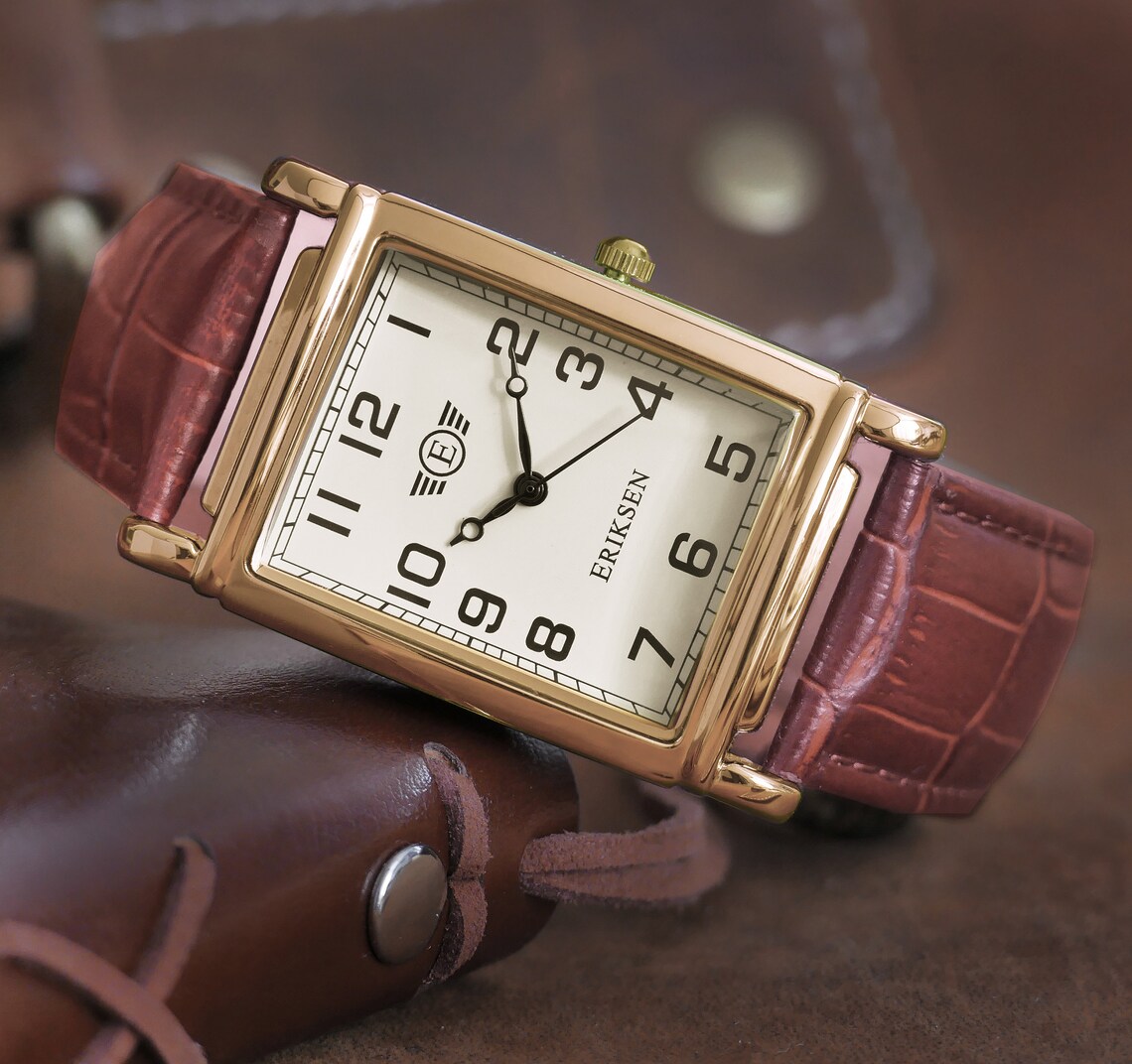 Men's Rectangular Vintage Retro Analog Dress Watch Gold Etsy UK