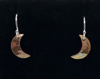 Hammered Copper Moon Earrings, Antiqued Patina, Sterling Silver Hooks