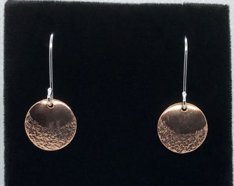 Crescent Moon Copper Earrings, 1/2 inch, Long or Short Hook, Hammered Texture, Domed, Minimalist Metalwork Jewelry, Sterling Earwire