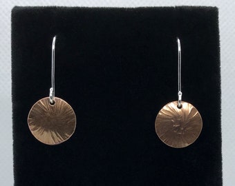 Hammered Copper Sun Earrings, Antiqued Argentium Silver Hooks