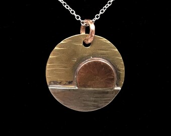 Ocean Sunset Pendant, Sterling Silver Chain, Hammered Texture, Handmade