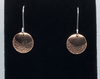 Hammered Copper Earrings, Sterling Silver Hooks, Minimalist Jewelry