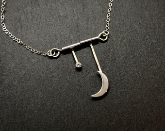 Crescent Moon and Star Pendant, 18" Sterling Silver chain, White Sapphire Star