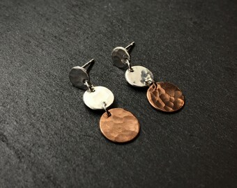 Silver and Copper Circle Earrings, Hammered Texture