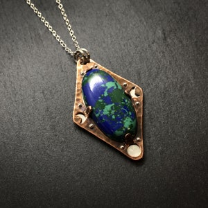 Copper Pendant with Sterling Silver Backing and Accents, Moon and Stars, Antiqued, 18"-22" Sterling Silver Chain, Manmade Stone