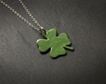 Green Enameled 4 Leaf Clover Pendant, Sterling Silver Chain, Minimalist Metalwork Jewelry