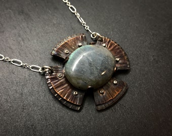 Antiqued Copper Labradorite Pendant, Sterling Silver Chain