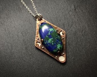 Copper Pendant Necklace, Manmade Stone, Sterling Silver Accents, 18-22" Chain