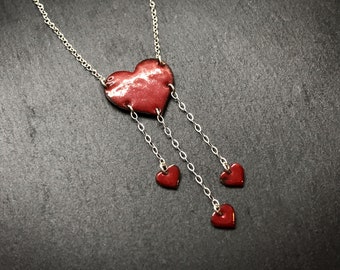 Red Enameled Multi-Heart Pendant, 18" Sterling Silver chain, Minimalist Metalwork Jewelry