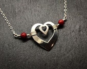 Multi-Heart Pendant, Hand Wrapped Sterling Silver, Red Coral Accent
