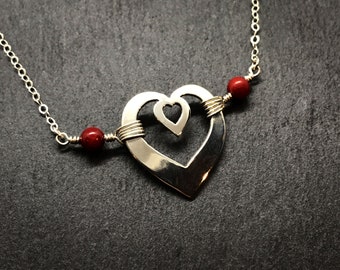 Multi-Heart Pendant with Red Bamboo Coral Accents, Hand Wrapped, Sterling Silver, 18" Sterling Silver Chain