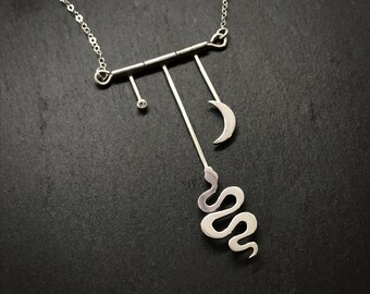 Snake, Crescent Moon and Star Pendant, 18" Sterling Silver chain, White Sapphire Star