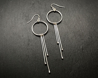 Sterling Silver Hoop and Dangle Earrings, Tranquility, Minimalist Metalwork Jewelry, Argentium Silver Earwire