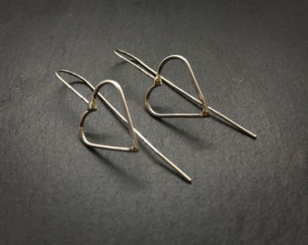 Sterling Silver Wire Heart Dangle Earrings, Minimalist Metalwork Jewelry