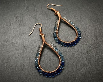 Copper Tear Drop Hoop Earrings with Miyuki Glass Accents, Hand Wrapped