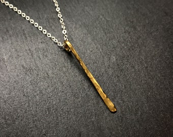 Jewelers Bronze Drop Pendant, 18" Sterling Silver chain, Hammered Texture, Minimalist Metalwork Jewelry