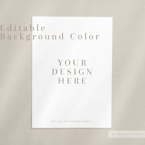 May include: A white card with the text "Editable Background Color" and "YOUR DESIGN HERE" in a simple, modern font. The card is on a beige background.  PSD FILE WITH SMART OBJECT. BY DOBUTODESIGN ON ETSY.