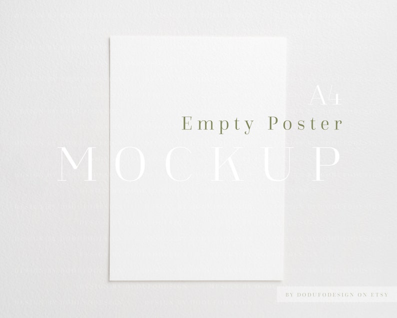 May include: A white A4 poster mockup on a white background. The text "Empty Poster Mockup" is written in green text on the poster.