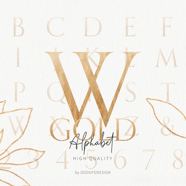 Alfabet ze złotą folią, botaniczne zaproszenie ślubne (do pobrania w formacie PNG)