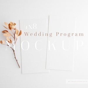 Bruiloft programma mockup, bruiloft briefpapier mockup, 4x8 inch, twee witte kaarten, minimalistische trouwsuite mockup, Boho neutrale tinten kaart