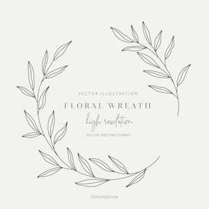 Puede incluir: Una ilustración de línea gris oscuro de una corona floral circular hecha de hojas. El texto dice: VECTOR ILLUSTRATION, FLORAL WREATH, high resolution, SVG PDF AND PNG FORMAT, y DODUFODESIGN en la parte inferior del gráfico.