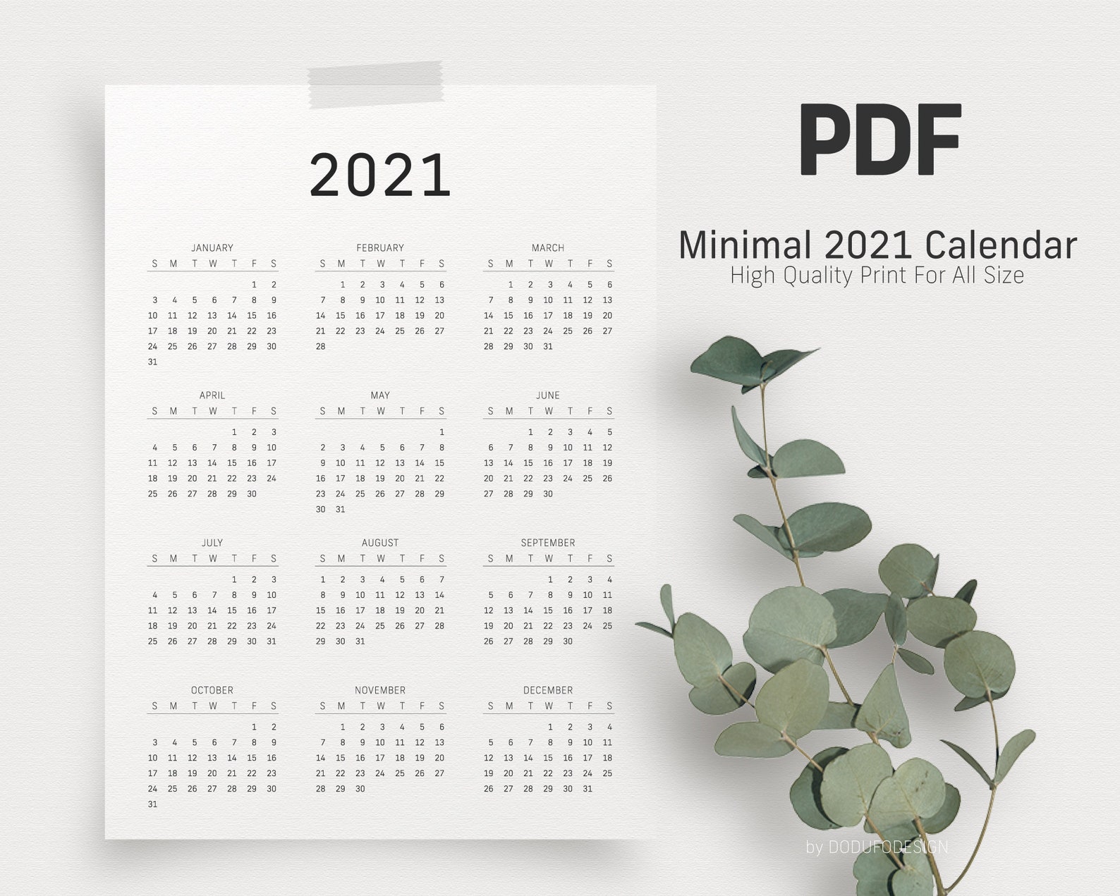 2021 Calendario PDF mínimo Svg PDF imprimible Calendario ...