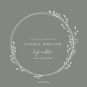 Puede incluir: Una ilustración de corona floral en líneas blancas sobre un fondo verde salvia. El texto dice: VECTOR ILLUSTRATION, FLORAL WREATH, high resolution, SVG PDF AND PNG FORMAT, y DODUFODESIGN. El diseño presenta tallos y hojas finos y delicados.
