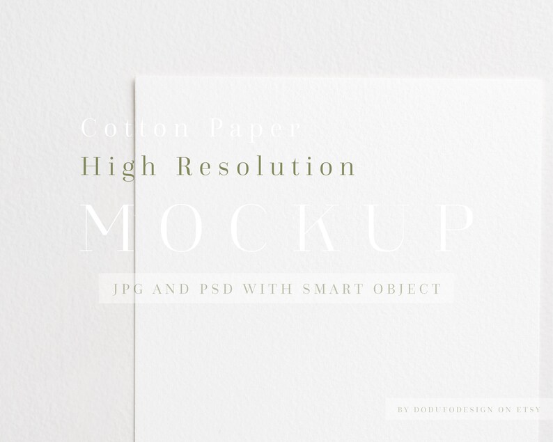 May include: A white mockup of a cotton paper card with the text "Cotton Paper High Resolution MOCKUP JPG AND PSD WITH SMART OBJECT BY DODUEODESIGN ON ETSY"