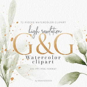 Gold & Green Leaves Clipart, Floral, Watercolor, Greenery, Art, Alphabet, Wedding invitation, Botanic, Clipart,  Leaves, Branding, DCN-01