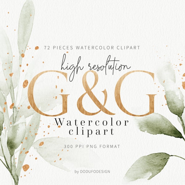 Złote i zielone akwarelowe liście, kwiatowy alfabet (plik cyfrowy)