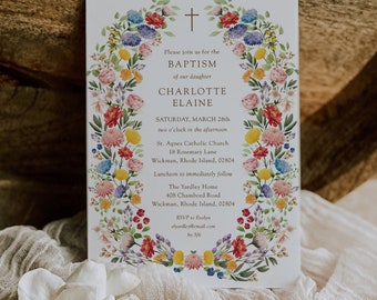 Editable Wildflower Baptism Invitation, Wildflowers Christening Invite Template, Baptism Pink Girl Invite, Religious Cross Invite, C86
