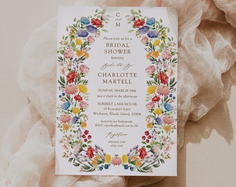 Plantilla de invitación de despedida de soltera floral colorida, despedida de soltera de flores silvestres invita a la despedida de soltera de jardín de primavera rosa amarillo púrpura azul, C86