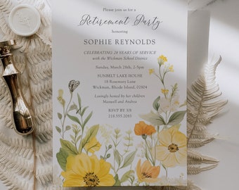 May include: A retirement party invitation with a floral design featuring yellow, orange, and white flowers. The invitation is for Sophie Reynolds, celebrating 28 years of service with the Wickman School District. The party will be held at Sunbelt Lake House on Sunday, March 28th from 2-5pm. RSVP by 3/8, 218.555.2083.