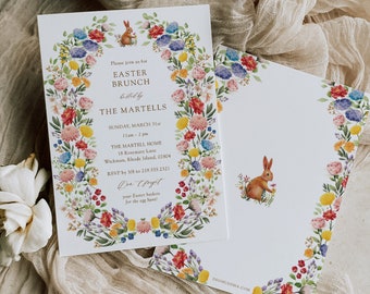 May include: An invitation to an Easter brunch hosted by The Martells. The invitation features a floral wreath with a bunny rabbit in the center. The text reads "Please join us for Easter Brunch hosted by The Martells, Sunday, March 31st, 11am-2pm, The Martell Home, 15 Rosemary Lane, Wickman, Rhode Island, 02804, RSVP by 3/8 to 219.555.2321, Don't forget your Easter baskets for the egg hunt!"