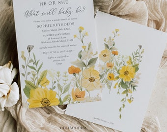 Wildflower Gender Reveal Invite, Gender Reveal Party Invitation Wildflower, Floral Gender Reveal Invite, He or She, Editable Template, C18