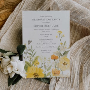 Invito di laurea con foto Boho Invito modificabile floreale, Modello di annuncio di laurea di fiori selvatici, Invito per festa di laurea floreale, CANVA, C18