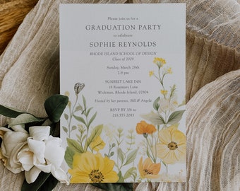 Invito di laurea con foto Boho Invito modificabile floreale, Modello di annuncio di laurea di fiori selvatici, Invito per festa di laurea floreale, CANVA, C18