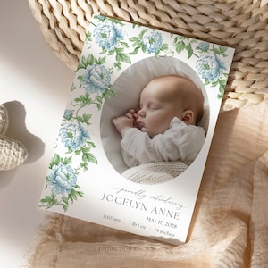 Faire-part de naissance photo, carte de naissance imprimable, faire-part de naissance floral, photo bébé, modèle de faire-part de naissance fille, CANVA, C76