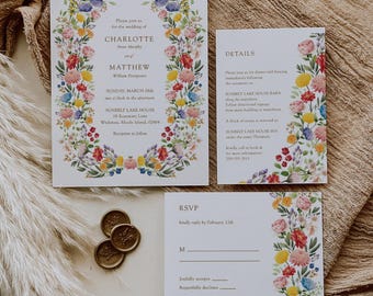 Garden Flowers Wedding Suite Template, Wildflower Invitation Set Template, Printable Wedding Invite, Digital Wedding Suite, RSVP, CANVA, C86