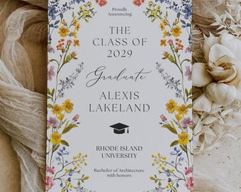 May include: A floral graduation announcement card with the text "Proudly Announcing The Class of 2029 Graduate Alexis Lakeland Rhode Island University Bachelor of Architecture with honors".