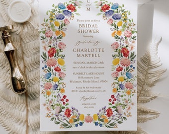 Wildflower Bridal Shower Invitation Template, Editable Boho Floral Garden Party Invite Cards, Pink Botanical Bridal Brunch Invitations, C86