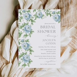 Toile Floral Bridal Shower Invitation Template, Dusty Blue Toile Bridal Invite Template, Something Blue Bridal Invite, Instant download, C76