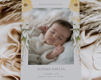 Plantilla de anuncio de bebé floral, tarjeta fotográfica de anuncio de nacimiento imprimible, tarjeta de anuncio de bebé niña, nacimiento de flores de primavera digital, C18