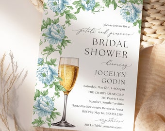 Petals and Prosecco Dusty Blue Flowers Bridal Shower Editable Invitation, Brunch and Bubbly Champagne, Instant Download, Canva Template, C76