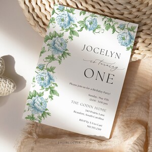 Baby&#39;s First Birthday Party Invitation Template, Blue Floral Birthday Invitation, Cottage Floral Party Invite, Blue Toile, Any Age, C76