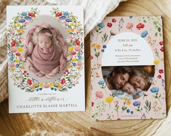 May include: A pink and white floral birth announcement card with a photo of a newborn baby girl. The card reads "Introducing our little wildflower Charlotte Elaine Martell". The back of the card has a photo of the baby's parents and siblings and includes the baby's birth date, time, weight, and length.