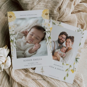Faire-part de bébé fleurs sauvages avec photo, faire-part de naissance imprimable, faire-part de bébé floral, nouveau-né fille, modèle, C18