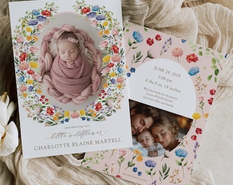 May include: A floral birth announcement card with a photo of a newborn baby girl in a pink swaddle. The card is decorated with a wreath of colorful flowers and the text "introducing our little wildflower Charlotte Elaine Martell".